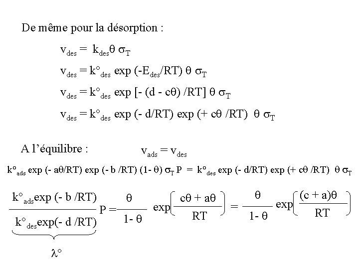 De même pour la désorption : vdes = kdes s. T vdes = k°des De même pour la désorption : vdes = kdes s. T vdes = k°des