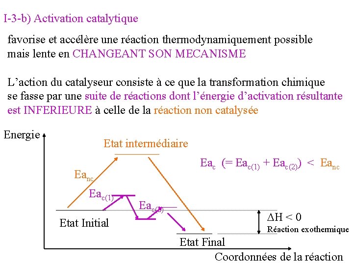 I-3 -b) Activation catalytique favorise et accélère une réaction thermodynamiquement possible mais lente en I-3 -b) Activation catalytique favorise et accélère une réaction thermodynamiquement possible mais lente en