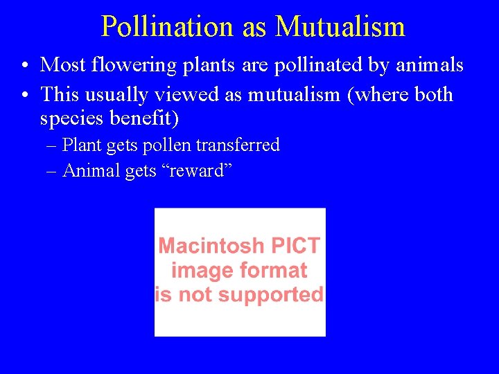 Pollination as Mutualism • Most flowering plants are pollinated by animals • This usually