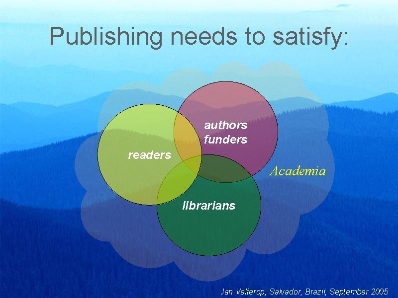 Publishing needs to satisfy: authors funders readers Academia librarians Jan Velterop, Salvador, Brazil, September