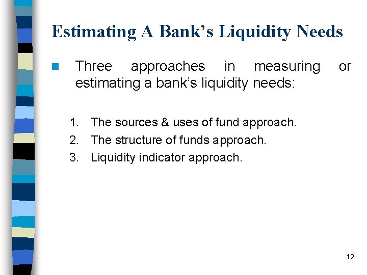 Estimating A Bank’s Liquidity Needs n Three approaches in measuring estimating a bank’s liquidity