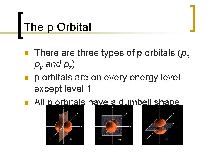 The p Orbital n n n There are three types of p orbitals (px,