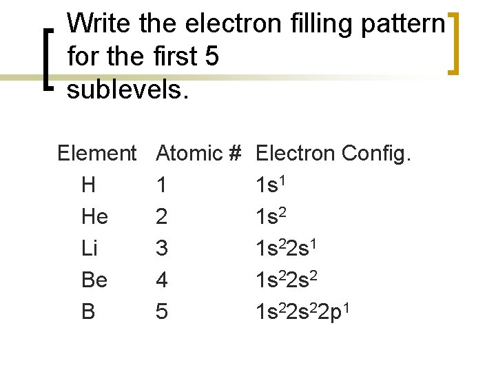 Write the electron filling pattern for the first 5 sublevels. Element H He Li