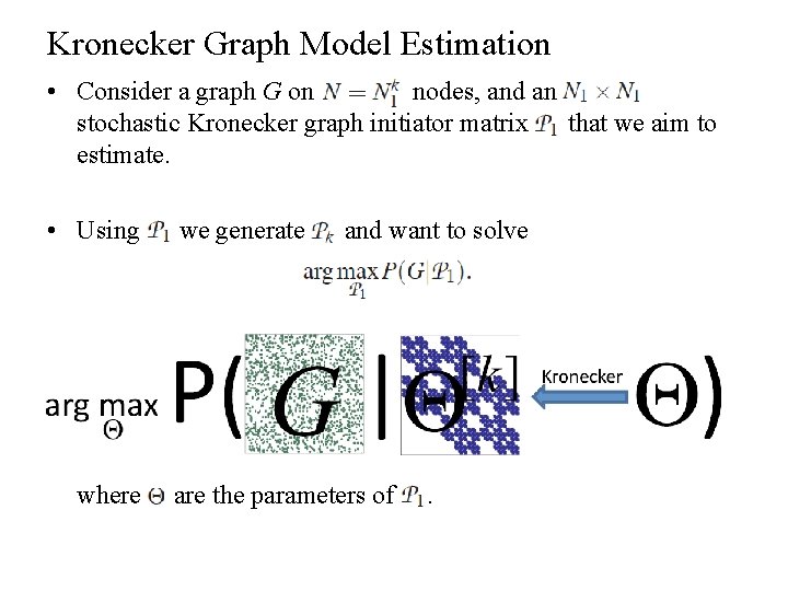 Kronecker Graph Model Estimation • Consider a graph G on nodes, and an stochastic