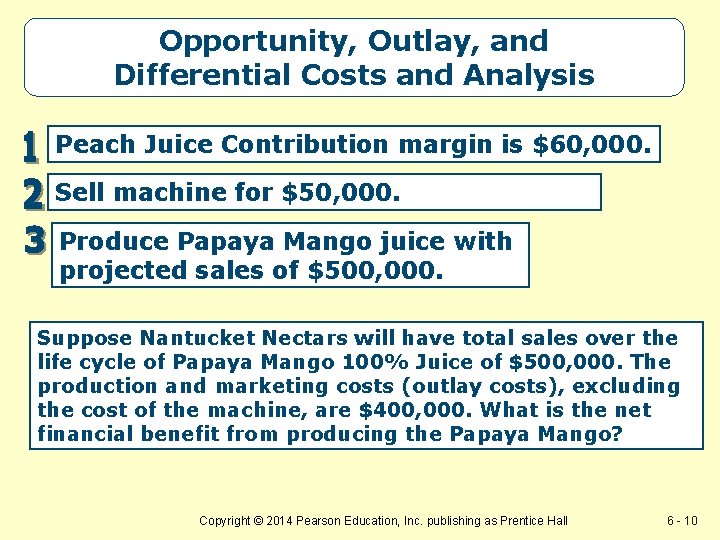 Opportunity, Outlay, and Differential Costs and Analysis Peach Juice Contribution margin is $60, 000.