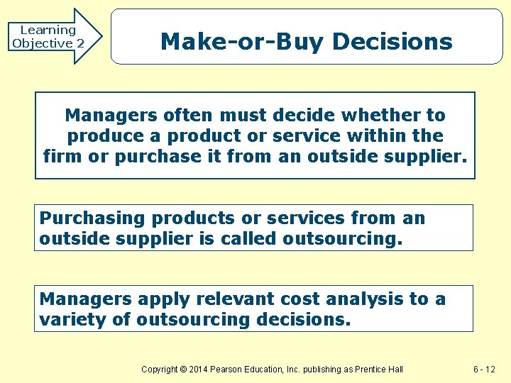 Learning Objective 2 Make-or-Buy Decisions Managers often must decide whether to produce a product