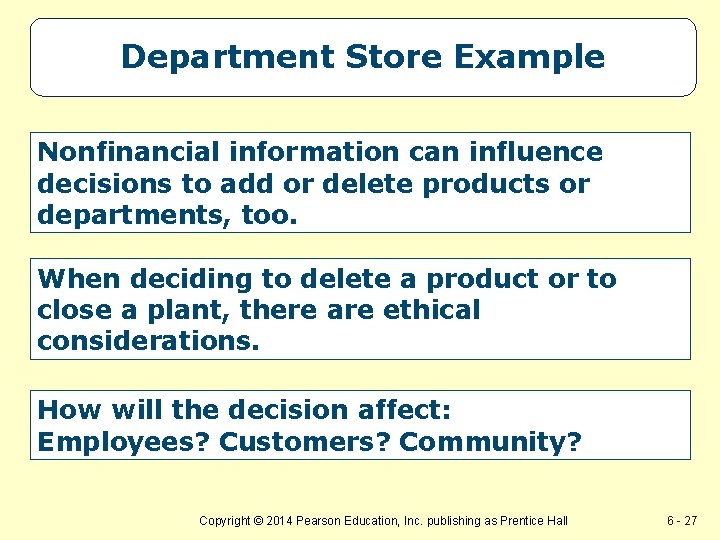 Department Store Example Nonfinancial information can influence decisions to add or delete products or