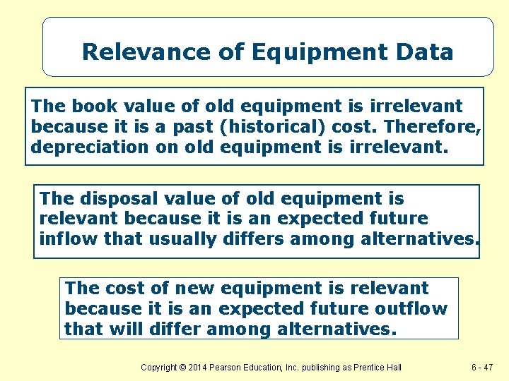 Relevance of Equipment Data The book value of old equipment is irrelevant because it
