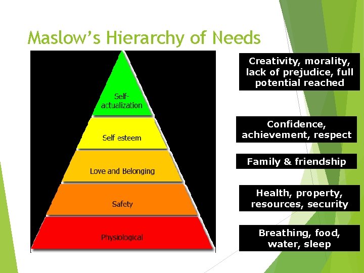 Maslow’s Hierarchy of Needs Creativity, morality, lack of prejudice, full potential reached Confidence, achievement,