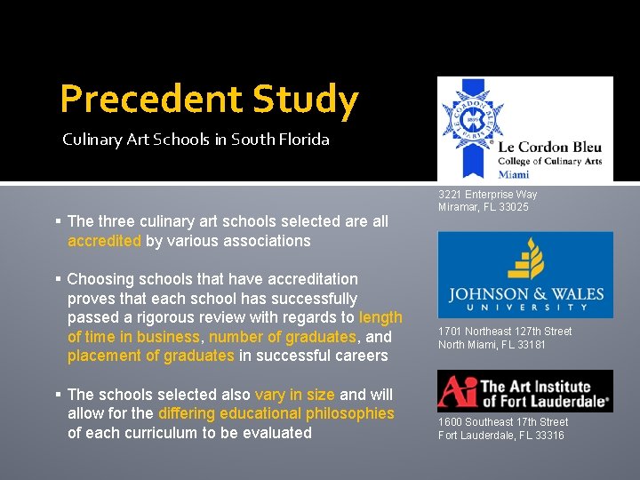 Precedent Study Culinary Art Schools in South Florida § The three culinary art schools