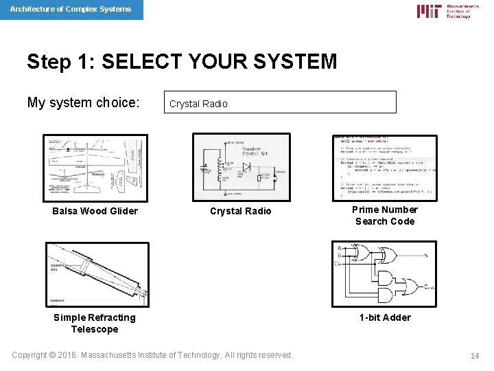 Architecture of Complex Systems Step 1: SELECT YOUR SYSTEM My system choice: Balsa Wood