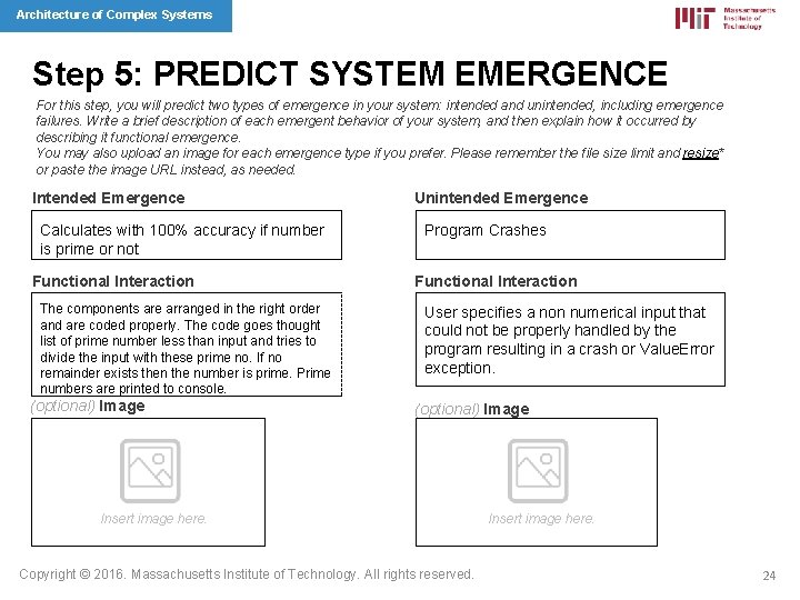 Architecture of Complex Systems Step 5: PREDICT SYSTEM EMERGENCE For this step, you will