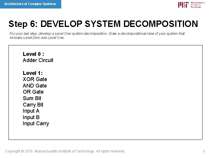 Architecture of Complex Systems Step 6: DEVELOP SYSTEM DECOMPOSITION For your last step, develop