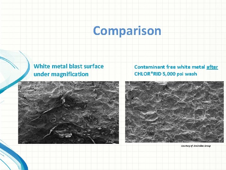 Comparison White metal blast surface under magnification Contaminant free white metal after CHLOR*RID 5,