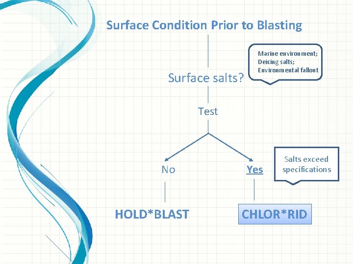 Surface Condition Prior to Blasting Surface salts? Marine environment; Deicing salts; Environmental fallout Test