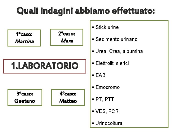 Quali indagini abbiamo effettuato: § Stick urine 1°caso: Martina 2°caso: Mara § Sedimento urinario