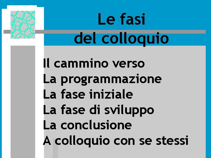 Le fasi del colloquio Il cammino verso La programmazione La fase iniziale La fase Le fasi del colloquio Il cammino verso La programmazione La fase iniziale La fase