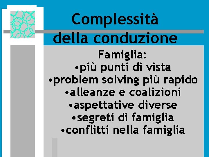 Complessità della conduzione Famiglia: • più punti di vista • problem solving più rapido Complessità della conduzione Famiglia: • più punti di vista • problem solving più rapido