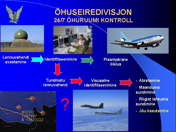 ÕHUSEIREDIVISJON 24/7 ÕHURUUMI KONTROLL Lennuvahendi avastamine Identifitseerimine Tundmatu lennuvahend ? Plaanipärane liiklus Visuaalne identifitseerimine