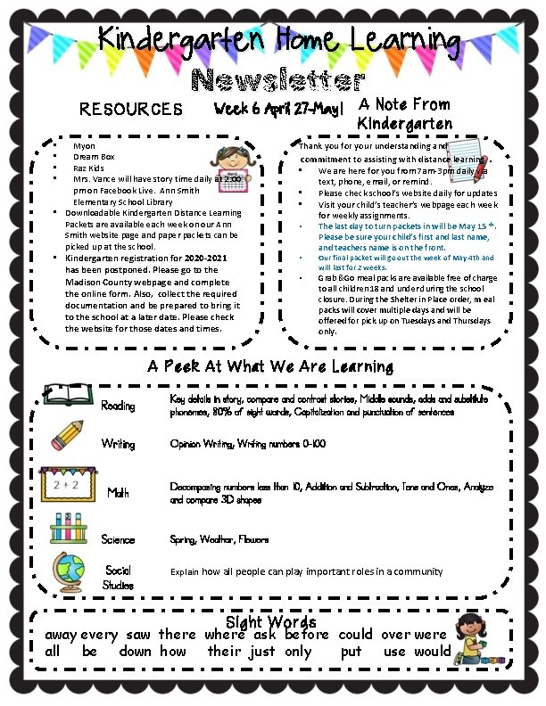 Kindergarten Home Learning Newsletter RESOURCES Week 6 April 27 -May 1 Myon Dream Box Kindergarten Home Learning Newsletter RESOURCES Week 6 April 27 -May 1 Myon Dream Box