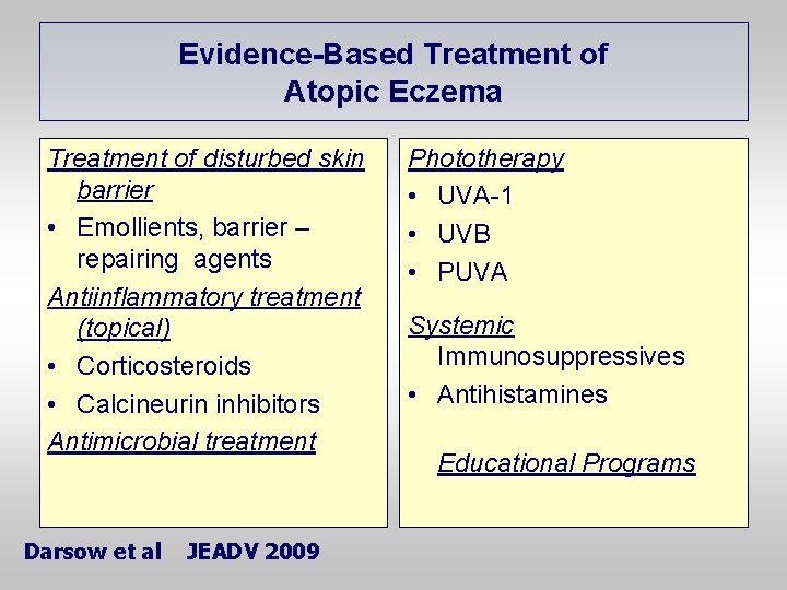 Evidence-Based Treatment of Atopic Eczema Treatment of disturbed skin barrier • Emollients, barrier –
