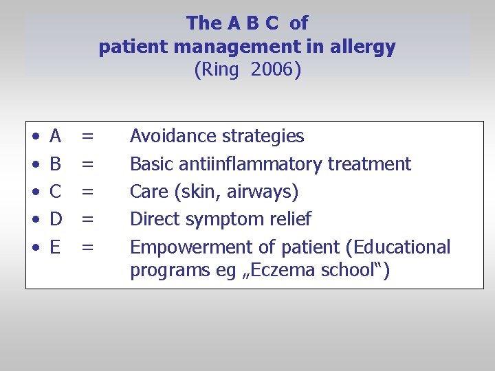 The A B C of patient management in allergy (Ring 2006) • • •