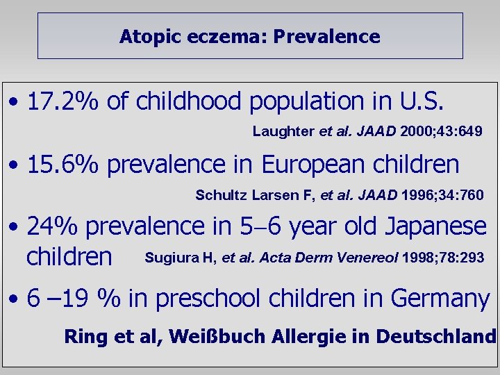 Atopic eczema: Prevalence • 17. 2% of childhood population in U. S. Laughter et