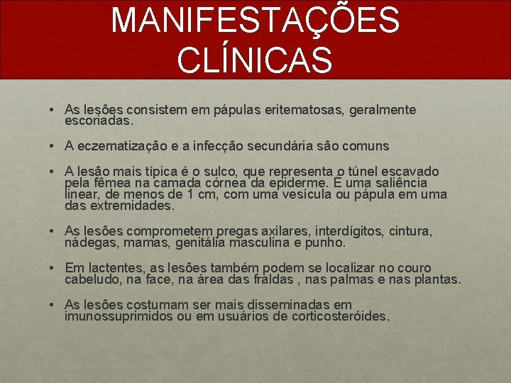 MANIFESTAÇÕES CLÍNICAS • As lesões consistem em pápulas eritematosas, geralmente escoriadas. • A eczematização