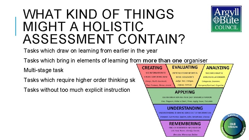 WHAT KIND OF THINGS MIGHT A HOLISTIC ASSESSMENT CONTAIN? Tasks which draw on learning WHAT KIND OF THINGS MIGHT A HOLISTIC ASSESSMENT CONTAIN? Tasks which draw on learning