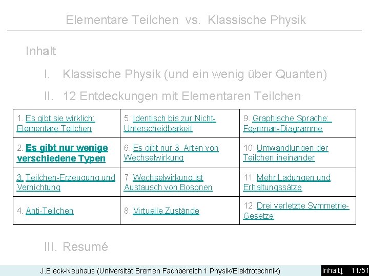 Elementare Teilchen vs. Klassische Physik Inhalt I. Klassische Physik (und ein wenig über Quanten)