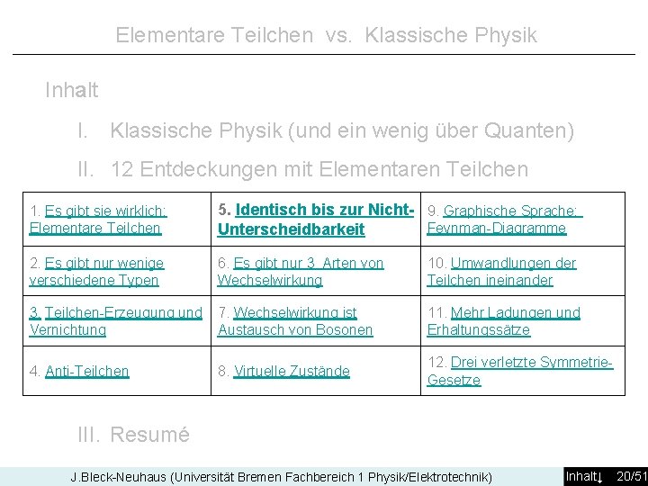 Elementare Teilchen vs. Klassische Physik Inhalt I. Klassische Physik (und ein wenig über Quanten)