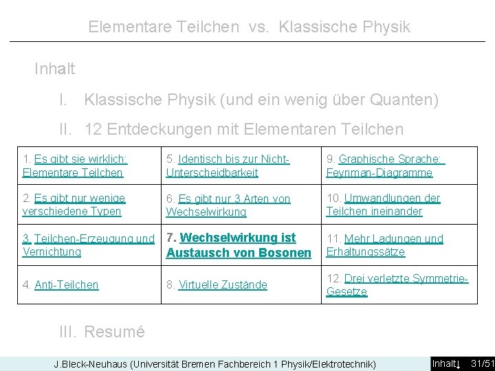 Elementare Teilchen vs. Klassische Physik Inhalt I. Klassische Physik (und ein wenig über Quanten)