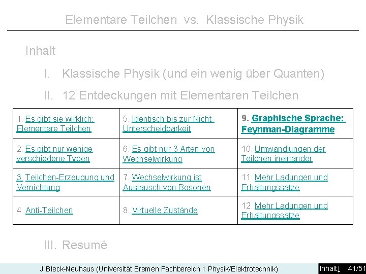 Elementare Teilchen vs. Klassische Physik Inhalt I. Klassische Physik (und ein wenig über Quanten)