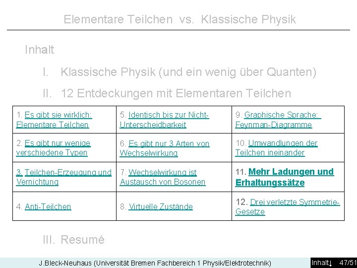 Elementare Teilchen vs. Klassische Physik Inhalt I. Klassische Physik (und ein wenig über Quanten)