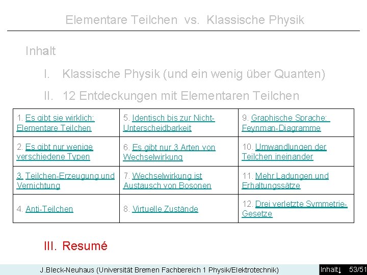 Elementare Teilchen vs. Klassische Physik Inhalt I. Klassische Physik (und ein wenig über Quanten)