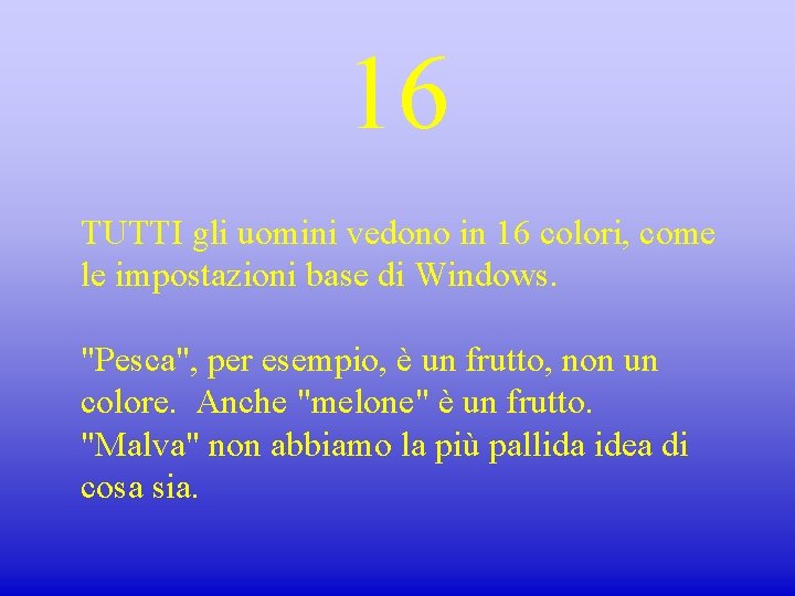 16 TUTTI gli uomini vedono in 16 colori, come le impostazioni base di Windows.