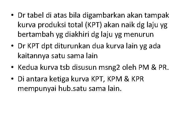  • Dr tabel di atas bila digambarkan akan tampak kurva produksi total (KPT)