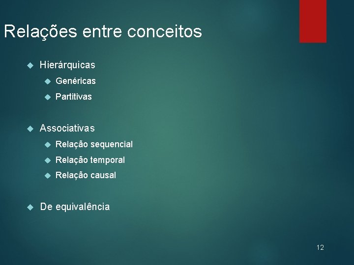 Relações entre conceitos Hierárquicas Genéricas Partitivas Associativas Relação sequencial Relação temporal Relação causal De