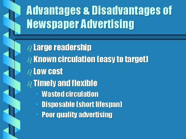 Advantages & Disadvantages of Newspaper Advertising b Large readership b Known circulation (easy to