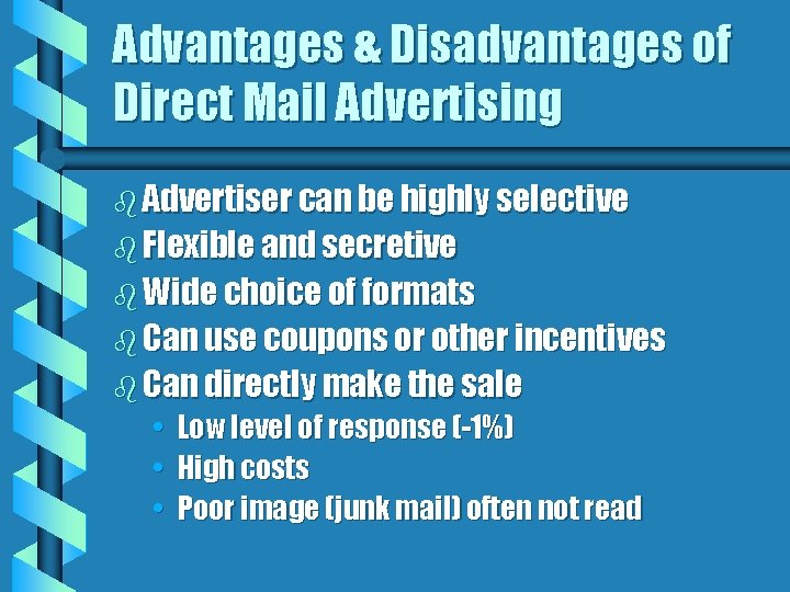 Advantages & Disadvantages of Direct Mail Advertising b Advertiser can be highly selective b