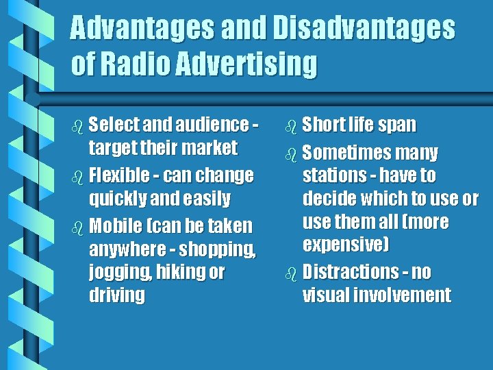 Advantages and Disadvantages of Radio Advertising b Select and audience - target their market