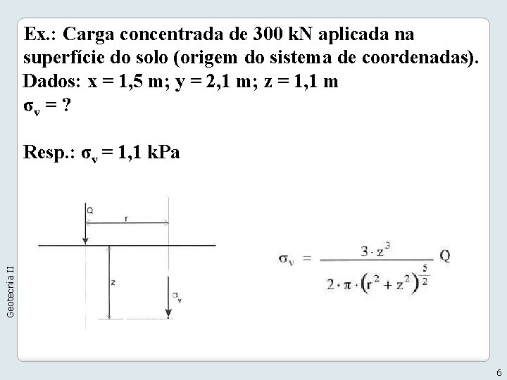 Ex. : Carga concentrada de 300 k. N aplicada na superfície do solo (origem