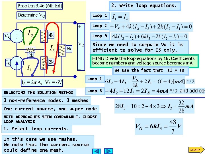 2. Write loop equations. Loop 1 Loop 2 Loop 3 Since we need to