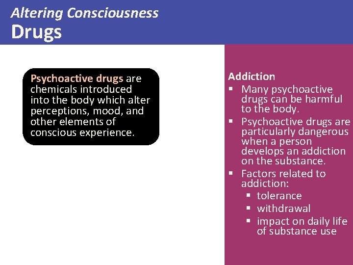 Altering Consciousness Drugs Psychoactive drugs are chemicals introduced into the body which alter perceptions,