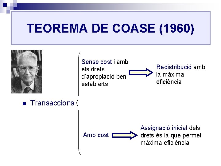 TEOREMA DE COASE (1960) Sense cost i amb els drets d’apropiació ben establerts n