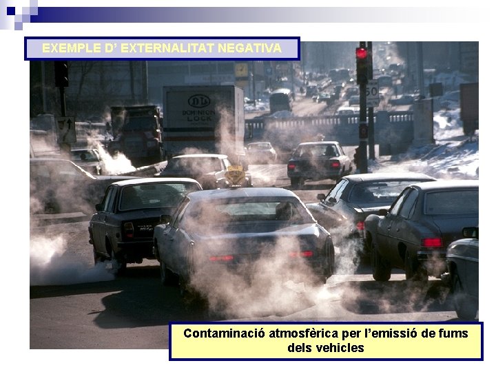 EXEMPLE D’ EXTERNALITAT NEGATIVA Contaminació atmosfèrica per l’emissió de fums dels vehicles 