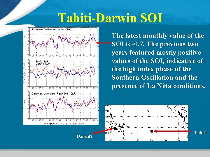 Tahiti-Darwin SOI The latest monthly value of the SOI is -0. 7. The previous