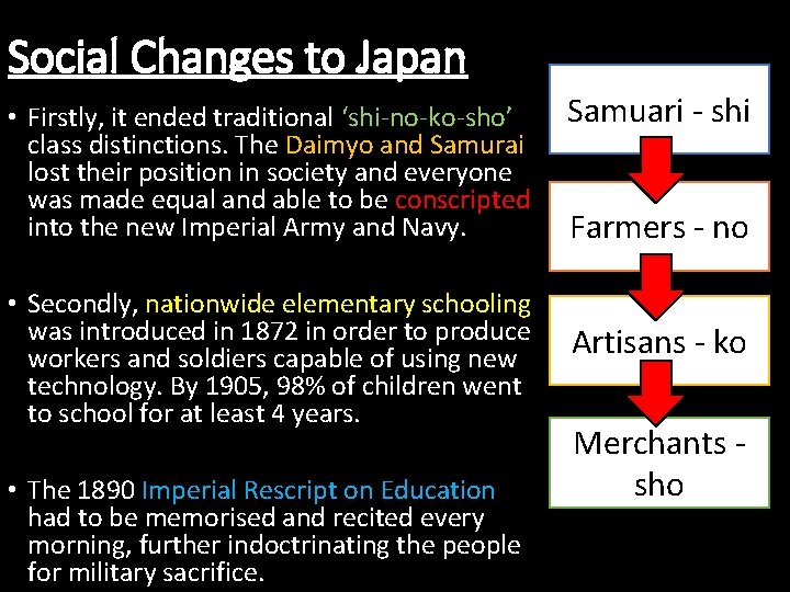 Social Changes to Japan • Firstly, it ended traditional ‘shi-no-ko-sho’ class distinctions. The Daimyo