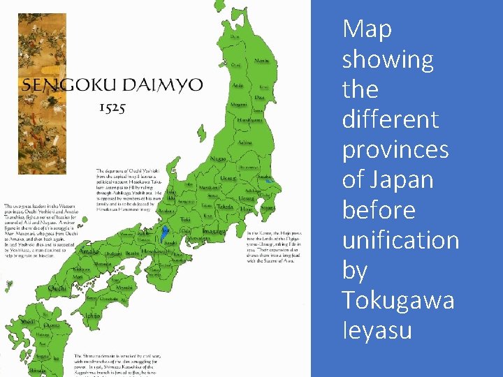 Map showing the different provinces of Japan before unification by Tokugawa Ieyasu 