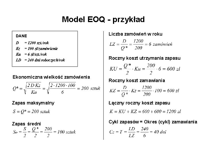 Model EOQ - przykład DANE Liczba zamówień w roku D Kz Ku LD Roczny Model EOQ - przykład DANE Liczba zamówień w roku D Kz Ku LD Roczny